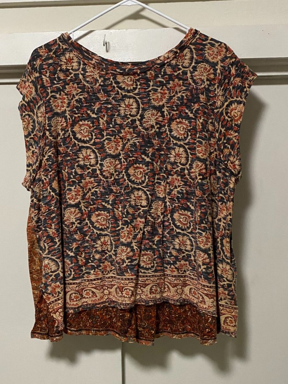 Free People, slight sleeve, multi design, high/low blouse, size M